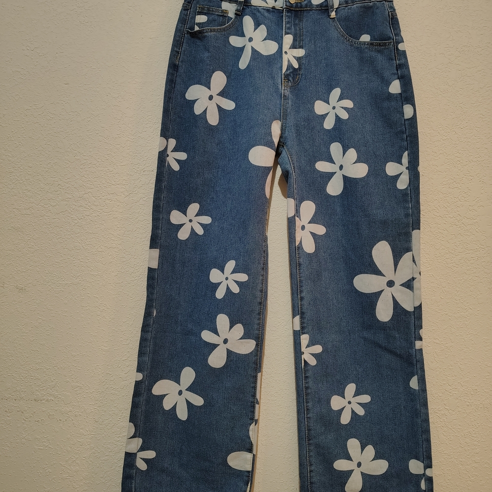 Boho Hippie Flower Child High-Rise Light Wash Denim Floral Jeans Women's 30